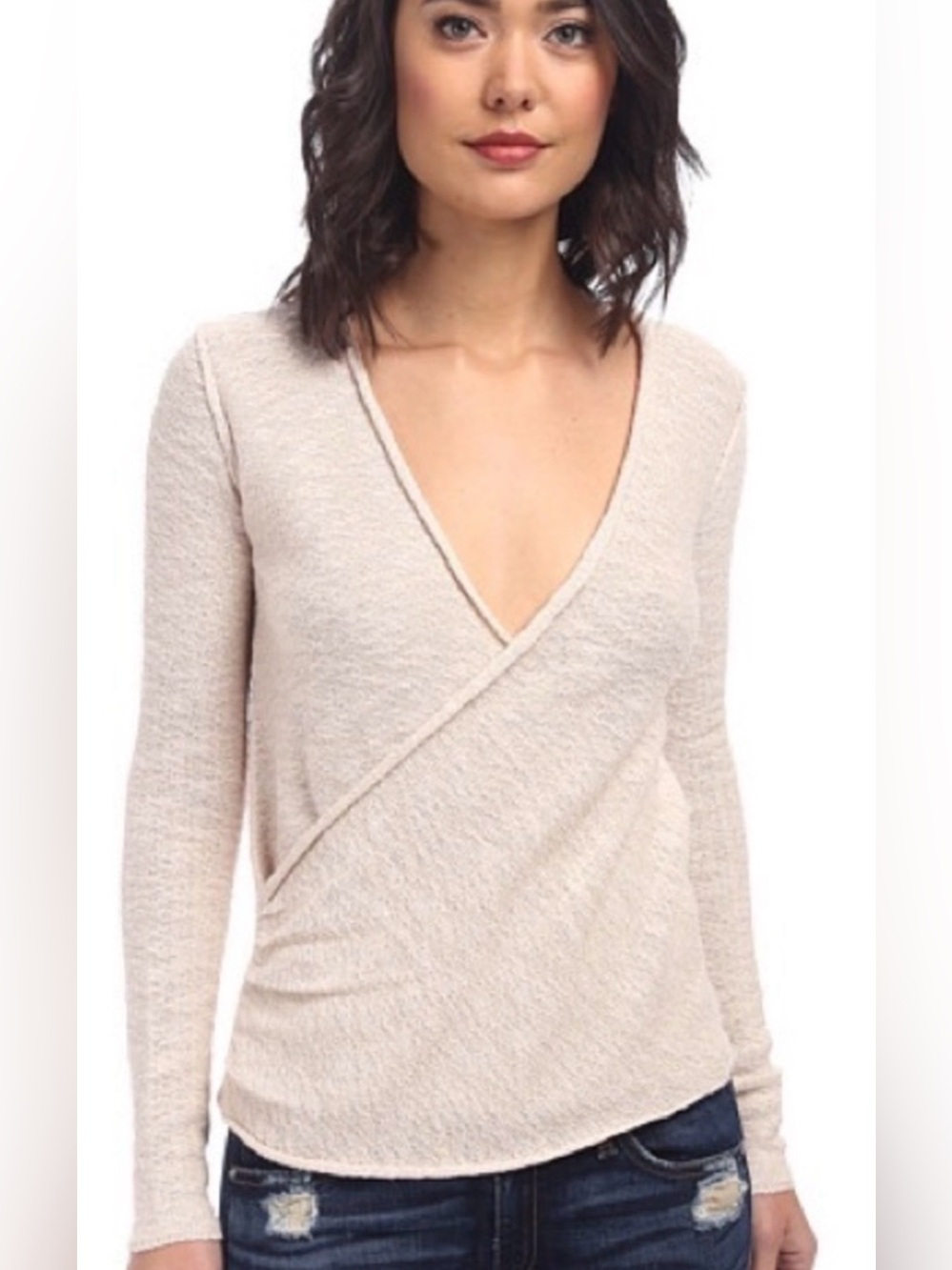 Free People Cream Wrap-Style Long Sleeve Sweater
